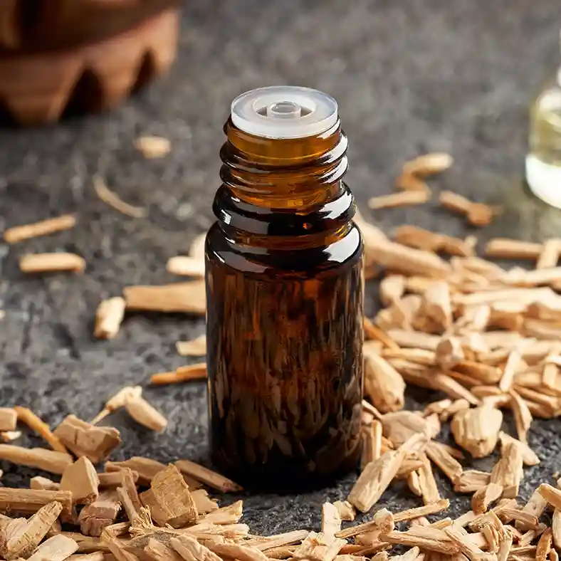 Cedarwood chips in front of amber glass bottle