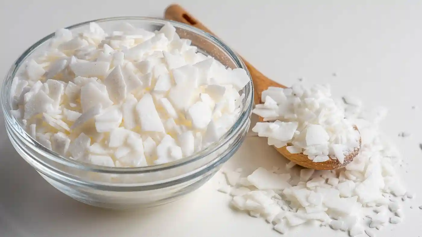 Soy wax pieces in glass bowl